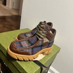 Gucci Plaid Print Lace-Up Boots - Bought Them On The Real Real And Were Advertised As A Size 7 But They Fit More Like An 8. Never Worn Casual Gucci Leather Boots, The Real Real, Gucci Floral, Floral Sneakers, Shoes Gucci, Real Real, Leather Cuts, Swim Shoes, Leather Flat Shoes