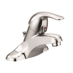 This Moen WS84503 centerset lavatory faucet belongs to the Adler Series. It comes with a universal chrome (plated) finish that matches a wide variety of bathroom accessories. It features a pivoting lever handle for easy operation. This metal bathroom faucet includes a strong stainless steel Duralast cartridge (1255) designed for durability. Complying with California's regulations for water efficiency, this product conserves water and energy. It has a low flow rate of 1.2 gallons per minute, making it WaterSense-certified. This product is available with an optional knob handle assembly. It is covered by a lifetime limited warranty against leaks, finish defects, and drips (if you are the original consumer-purchaser)and is backed by Moen, a trusted name in the industry. Moen Bathroom Faucets, Bathroom Faucets Chrome, Single Handle Bathroom Faucet, Chrome Bathroom, Lavatory Faucet, Faucet Handles, Bathroom Faucet, Bathroom Sink Faucets, Shower Faucet