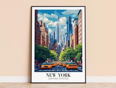 a painting of the new york city skyline with taxi cabs