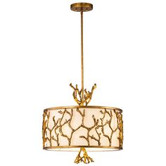 a gold chandelier with branches on it and a white light hanging from the ceiling