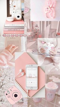 a collage of pink and white images with hearts, coffee cup, camera, notebooks