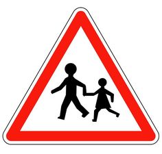 a red and white triangle sign with a child crossing it