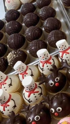 chocolate covered cupcakes with frosting decorated like cats and snowmen on them