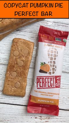 pumpkin pie perfect bar next to a bag of pumpkin pie