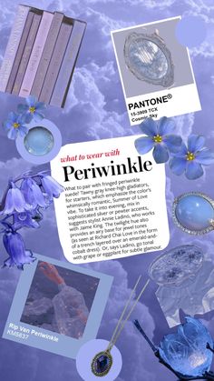 an advertisement for pantone's perfume with blue flowers and other items in the background