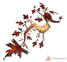 a bird sitting on top of a tree branch with red leaves around it's neck