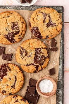 chocolate chip cookies and sea salt on a tray