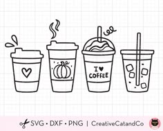 three coffee cups with drinks on them and the words svg dxf png