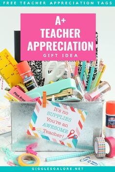 a teacher appreciation gift idea with scissors, tape and other school supplies in a tin