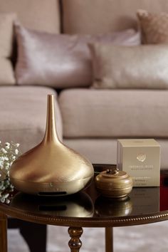 a living room with a couch, coffee table and vase