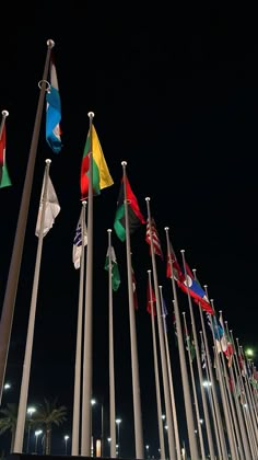 many flags are flying in the air at night