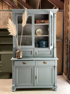 a blue china cabinet with some plants in it