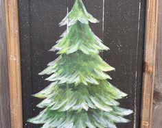 a painting of a green christmas tree on a black background