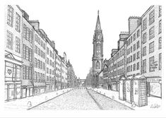 a drawing of a city street with buildings and a clock tower in the back ground