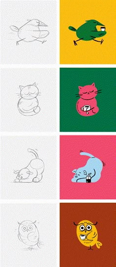 four different types of cartoon cats with different colors and sizes, each one drawn by hand