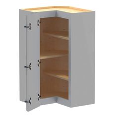 an open cabinet with two shelves and no doors