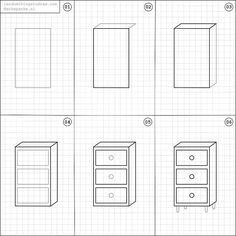 how to draw cabinets in perspective with the top and bottom section drawn out on paper