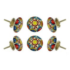 four different colored knobs with metal handles