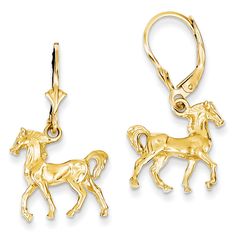 ApplesofGold.com - Lever-Back Horse Earrings in 14K Gold Jewelry $399.00 Horse Earrings, Horse Jewelry, 18k Gold Earrings, Authentic Jewelry, Leverback Earrings, Christian Jewelry, White Gold Earrings, Yellow Gold Earring, Earring Sale