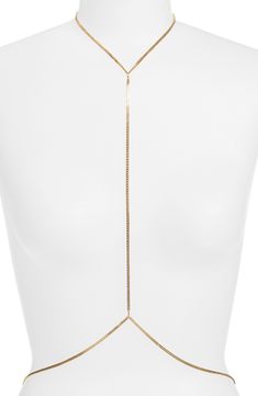 Completely wrap yourself in shine with this sleek body chain. 18k-gold plate Made in the USA of imported materials Elegant Gold Body Chain With Chain Strap, Gold Metal Body Chain, Gold Adjustable Body Chain For Party, Delicate Chain Lariat Body Jewelry For Party, Gold Body Chain With Adjustable Chain For Party, Gold Delicate Chain Body Jewelry For Party, Gold Body Chain With Chain Strap, Chic Gold Metal Body Chain, Adjustable Gold Body Chain With Chain Strap