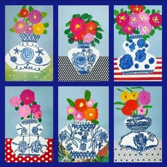 four pictures of vases with flowers in them and polka dots on the bottom one