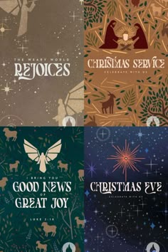 four christmas greeting cards with the words, good news and great joy