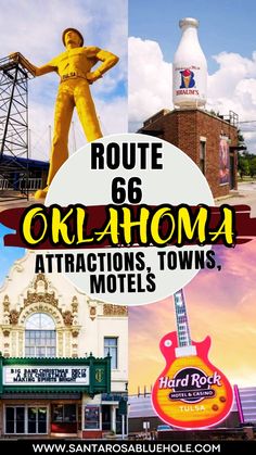 the sign for route 66 in oklahoma, with images of hotels and other things around it