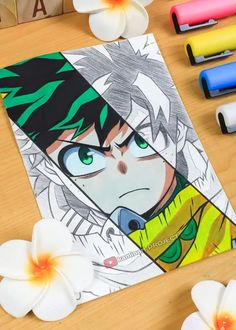 an anime character is drawn on paper next to some markers and pens with flowers in the background