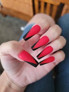 Red Black French Manicure, Red And Black Acrylic Nails Coffin, Red Nails With Black French Tip, Red And Black Nails Design Coffin, Red Nails With Black Tips, Minimalist Nails Red, Black And Red French Tip Nails, Black Nails 2023, Res Nails