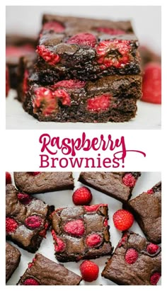 raspberry brownies are stacked on top of each other with chocolate and raspberries