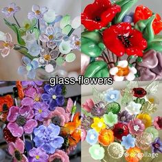 there are four different glass flowers in the vase