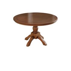 a small wooden table with four legs and a round top on an isolated white background