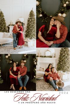 a man and woman sitting next to each other in front of christmas trees