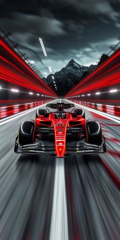 a red race car driving through a tunnel