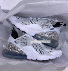 Custom Made to Order Crystal Bling Nike Air Max 270's with Silver Clear Crystals! UK 3 - EU 36 - US 5.5 UK 3.5 - EU 36.5 - US 6 UK 4 - EU 37.5 - US 6.5    UK 4.5 - EU 38 - US 7 UK 5 - EU 38.5 - US 7.5    UK 5.5 - EU 39 - US 8 UK 6 - EU 40 - US 8.5 UK 6.5 - EU 40.5 - US 9    UK 7 - EU 41 - US 9.5 UK 7.5 - EU 42 - US 10 UK 8 - EU 42.5 - US 10.5 UK 8.5 - EU 43 - US 11 UK 9 - EU 44 - US 11.5 Nike's first lifestyle Air Max brings you style, comfort and big attitude in the Nike Air Max 270. The design Nike Rosa, Wallpaper Nike, Womens Nike Air Max 270, Nike Air Max 270 White, Nike Air Max Pink, Swarovski Nike, Pretty Sneakers, All Nike Shoes, Cute Nike Shoes