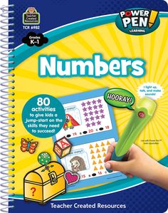 a book with numbers on the cover and a hand holding a green pen in front of it