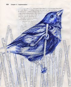 a drawing of a blue bird sitting on top of a piece of paper with words all over it