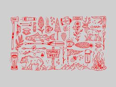 a red and white drawing of various objects on a gray background with the words force west written below it