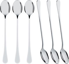 six spoons and two forks on a white background