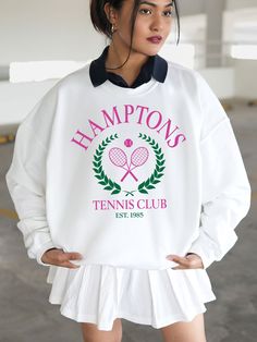 Express the Vintage Tennis Club Aesthetic with this cute Hamptons Tennis Club Sweatshirt! This Preppy Sweatshirt is super comfy! Size up for a Trendy Oversized Look! SHIPS FREE! SIZING TIPS: Size up 2-3 sizes from your "usual size" to get the "Oversized" Look! (2 sizes up is most common, and 3 sizes up is more dramatic) For a "relaxed fit" order your "usual size". When in doubt, lay your favorite fitting Sweatshirt flat and measure armpit to armpit and compare the width against the Size Chart in Golf Sweater Outfit, Cute Golf Outfits Women Summer, Tennis Club Aesthetic, Vintage Tennis Club, Artsy Hobbies, Trendy Golf Outfits Women, Hamptons Tennis, Tennis Club Sweatshirt, Golfing Outfits