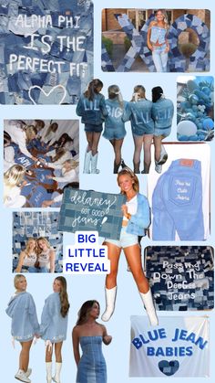 the collage shows many different images of women in blue dresses and white socks, with words on them