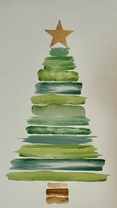 a watercolor painting of a christmas tree with stars on it's top and bottom