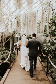 a bride and groom walking down a path in a greenhouse