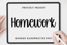 two hands are writing the word homework on a tablet with a pen and paper next to it