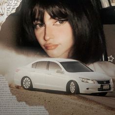 a white car parked in front of a woman's face