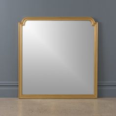 a large gold framed mirror on the floor in front of a gray wall with a plant