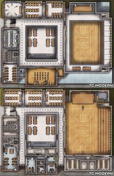 an overhead view of a basketball court and the floor plan for a building with multiple floors