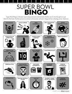 the super bowl bingo game is shown in black and white, with different symbols on it