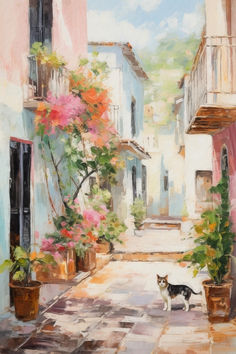 a painting of a cat standing in the middle of a street with potted plants