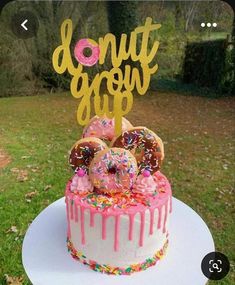 a cake with donuts and sprinkles on it that says donut grow